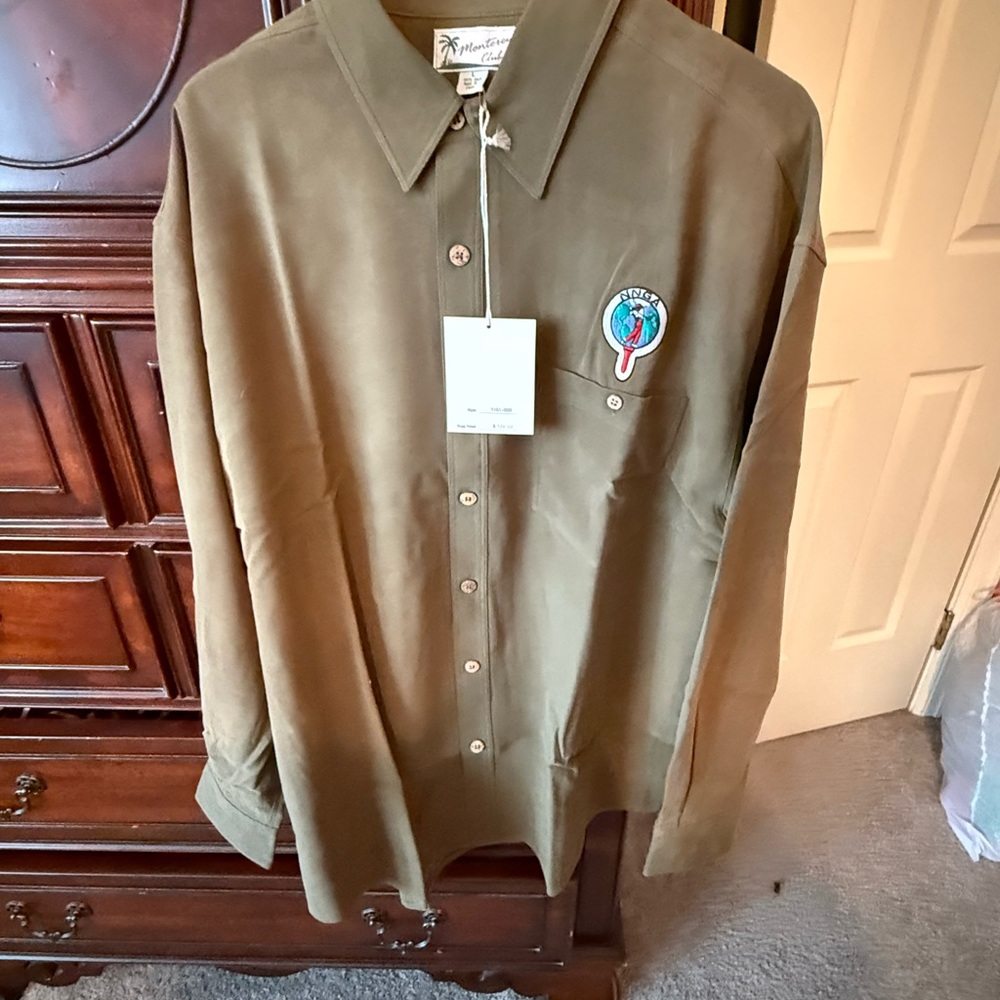 Olive Green Button-Up Long Sleeve Shirt for Men size L 100% Silk